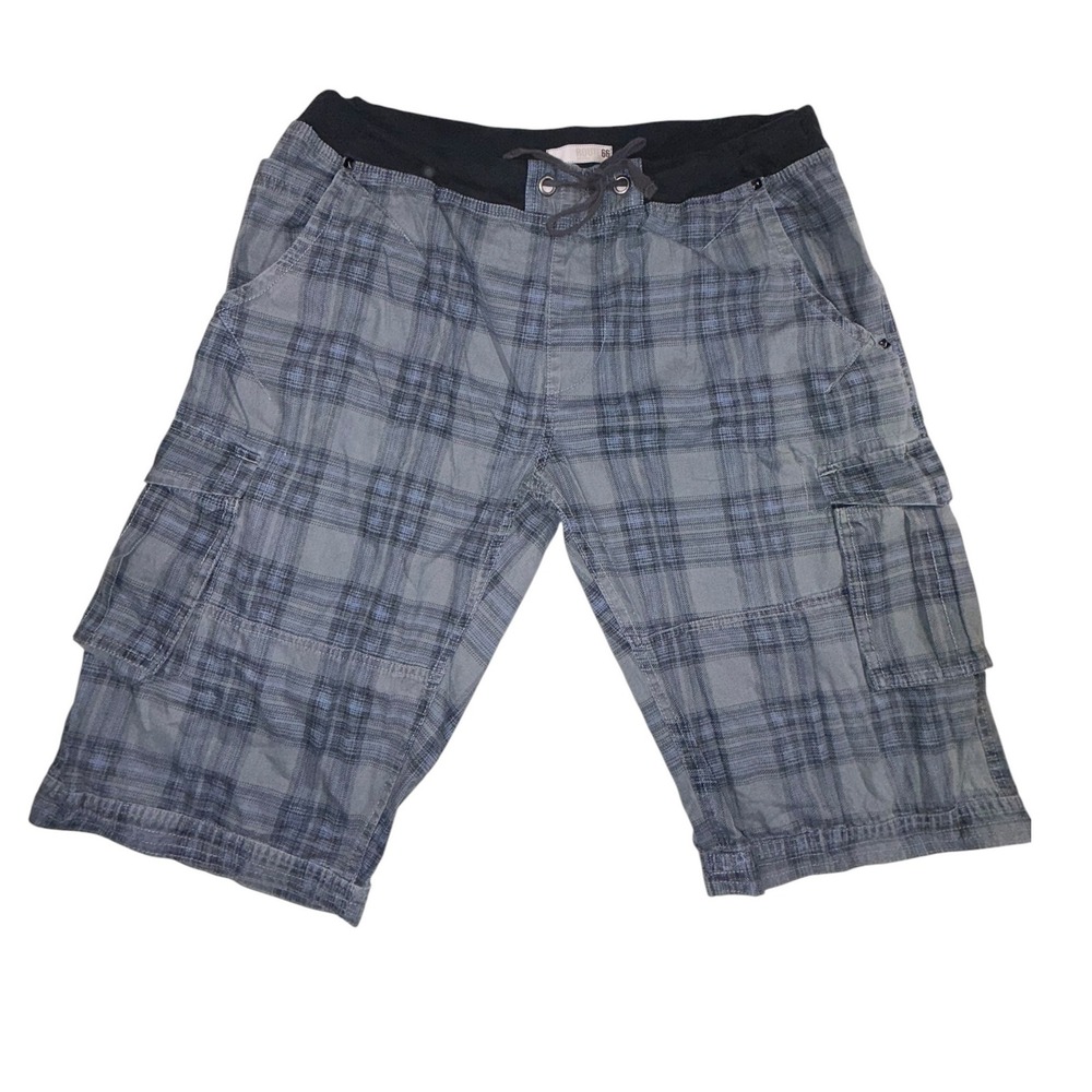 Y2K Route 66 Cargo Shorts 36 Blue Gray Plaid Elastic Waist Cotton Delta Force